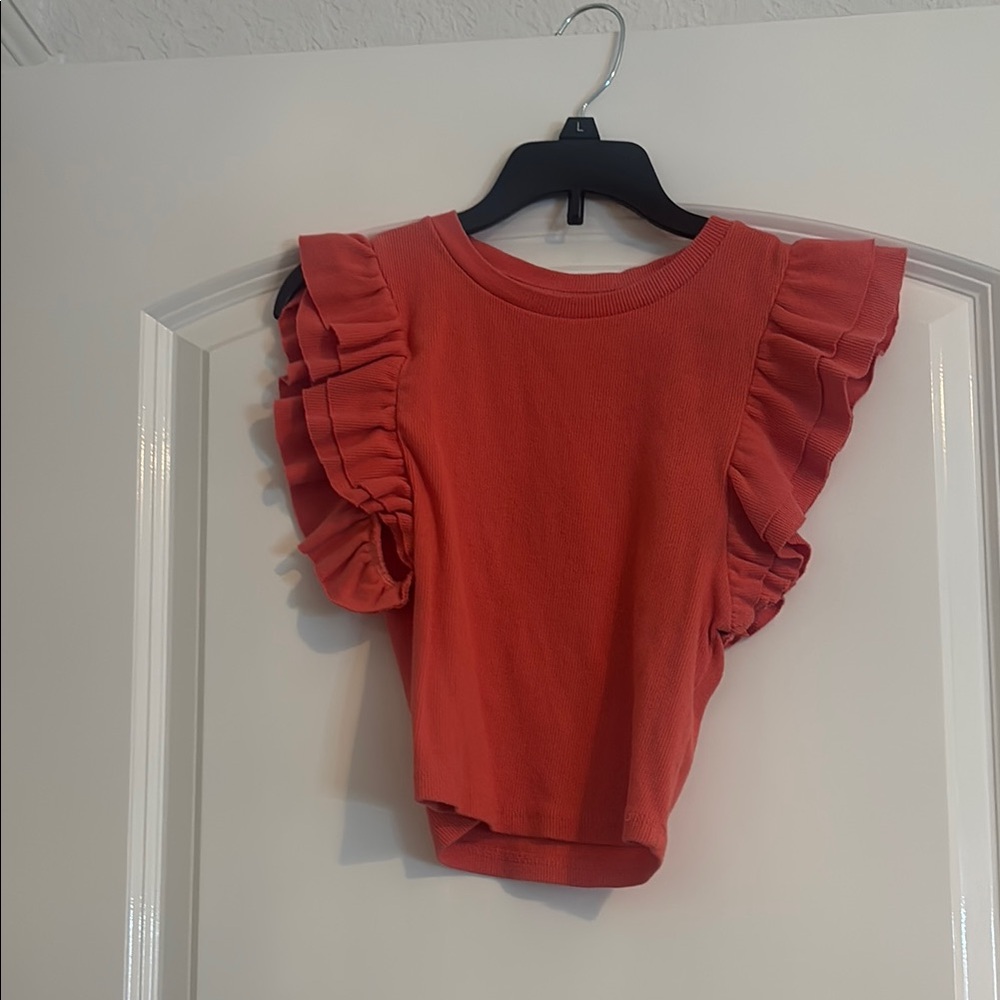 Zara Coral Ribbed V-Neck Top
